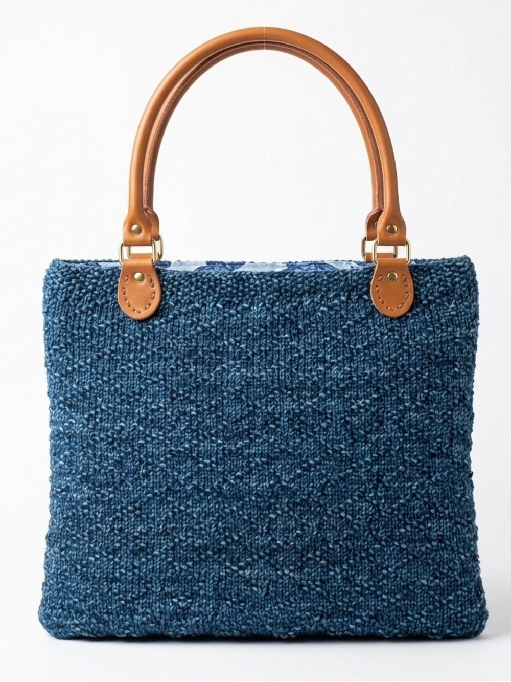 Artisan Handcrafted Knit Handbag Blue Wool Turtle Lined Boho Chic